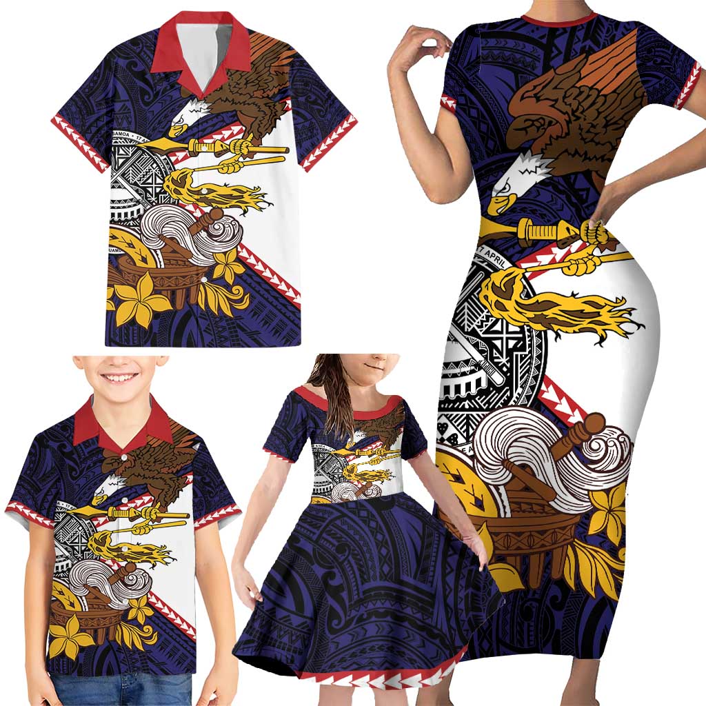 American Samoa Eagle Kava Bowl Family Matching Short Sleeve Bodycon Dress and Hawaiian Shirt Plumeria Polynesian Pattern LT01 - Polynesian Pride