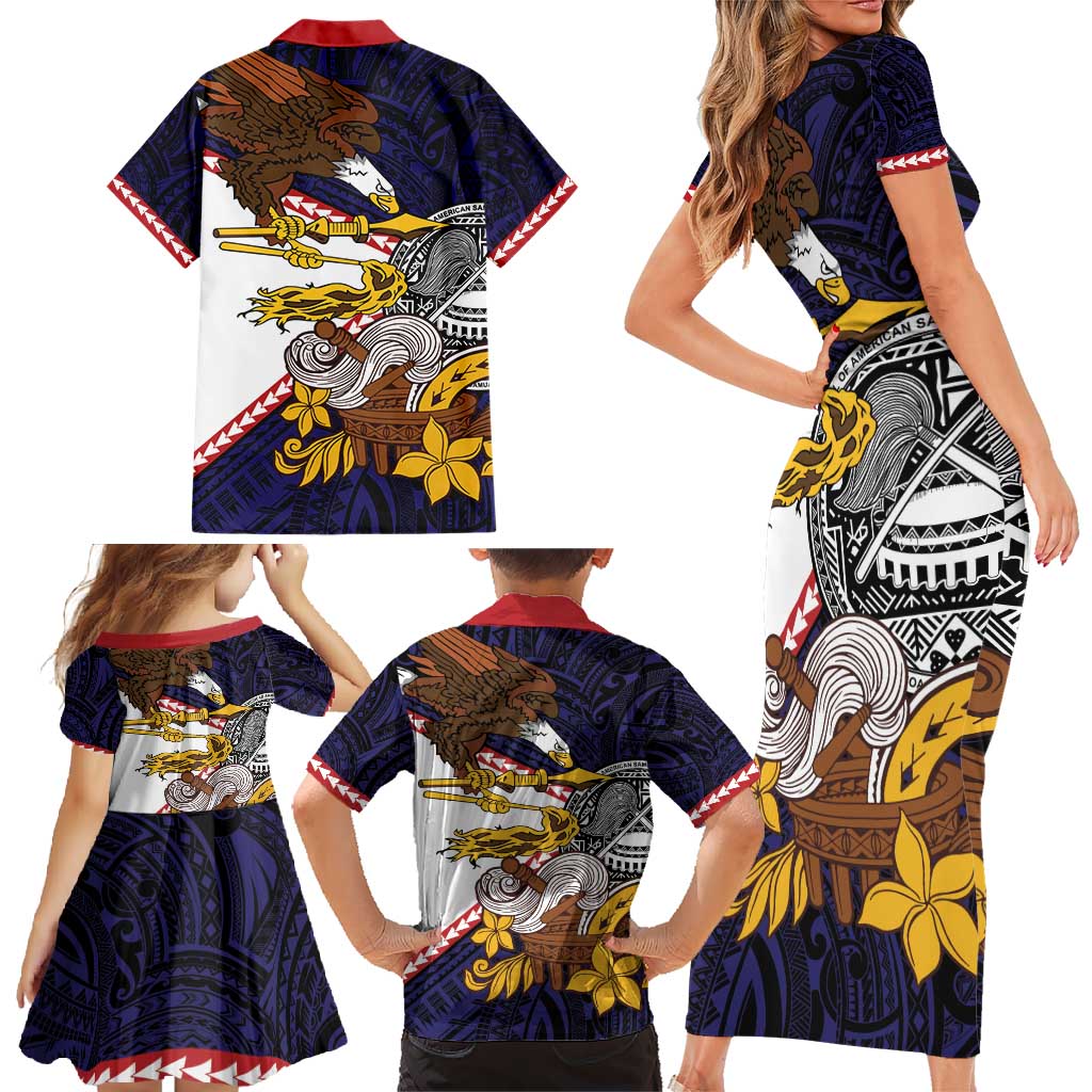 American Samoa Eagle Kava Bowl Family Matching Short Sleeve Bodycon Dress and Hawaiian Shirt Plumeria Polynesian Pattern LT01 - Polynesian Pride