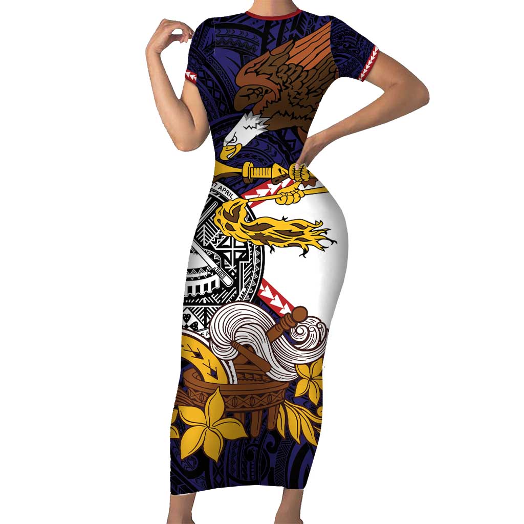 American Samoa Eagle Kava Bowl Family Matching Short Sleeve Bodycon Dress and Hawaiian Shirt Plumeria Polynesian Pattern LT01 Mom's Dress Black - Polynesian Pride