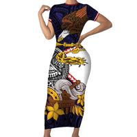 American Samoa Eagle Kava Bowl Family Matching Short Sleeve Bodycon Dress and Hawaiian Shirt Plumeria Polynesian Pattern LT01 Mom's Dress Black - Polynesian Pride