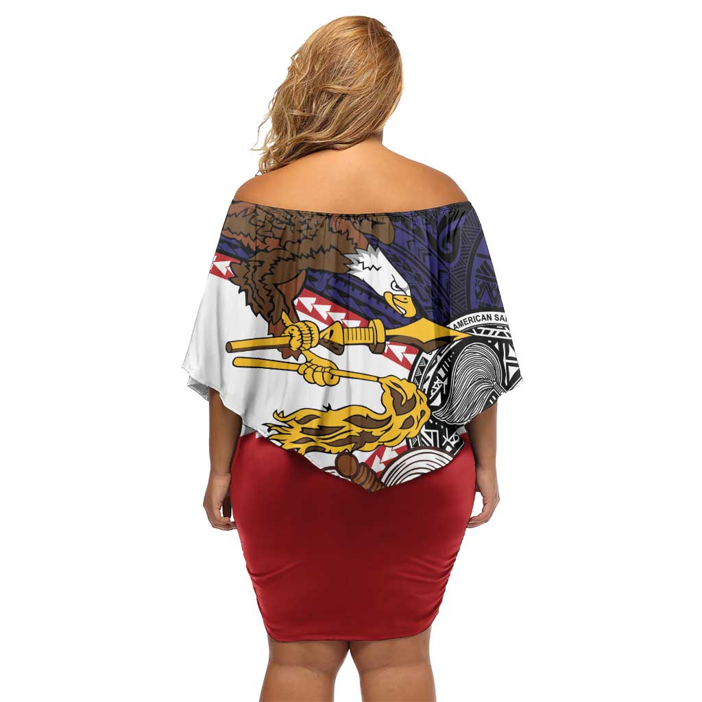 American Samoa Eagle Kava Bowl Off Shoulder Short Dress Plumeria Polynesian Pattern
