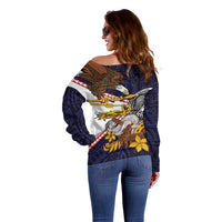 American Samoa Eagle Kava Bowl Off Shoulder Sweater Plumeria Polynesian Pattern
