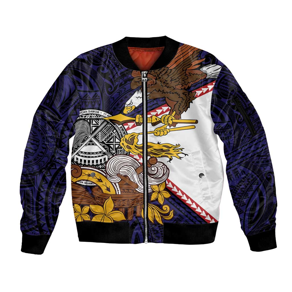 American Samoa Eagle Kava Bowl Sleeve Zip Bomber Jacket Plumeria Polynesian Pattern LT01 Unisex Black - Polynesian Pride