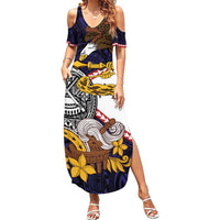American Samoa Eagle Kava Bowl Summer Maxi Dress Plumeria Polynesian Pattern