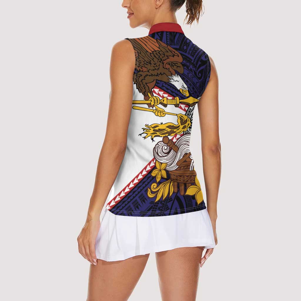 American Samoa Eagle Kava Bowl Women Sleeveless Polo Shirt Plumeria Polynesian Pattern