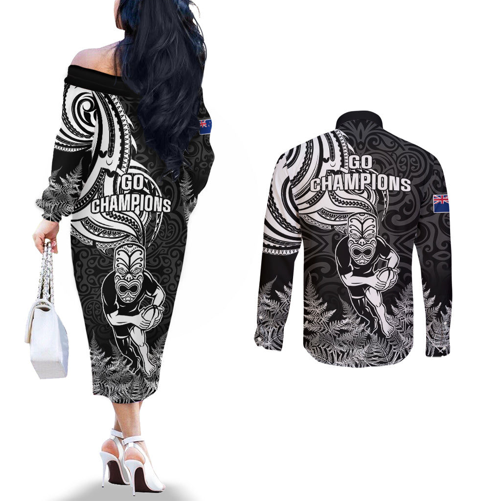 New Zealand Silver Fern Rugby Couples Matching Off The Shoulder Long Sleeve Dress and Long Sleeve Button Shirts Maori Tiki Player With Ta Moko Tribal LT01 - Polynesian Pride