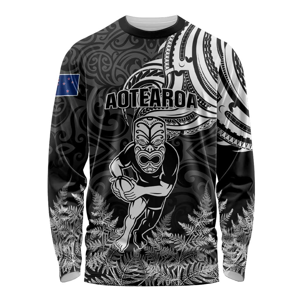 Custom New Zealand Silver Fern Rugby Long Sleeve Shirt Maori Tiki Player With Ta Moko Tribal LT01 Unisex Black - Polynesian Pride
