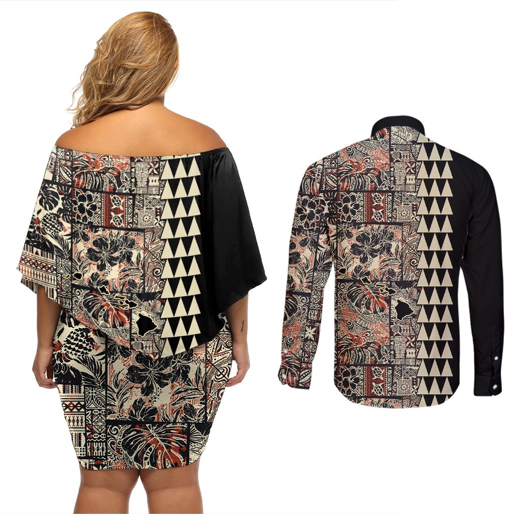Hawaiian Quilt Couples Matching Off Shoulder Short Dress and Long Sleeve Button Shirt Hibiscus Kakau Vintage Style LT01 - Polynesian Pride