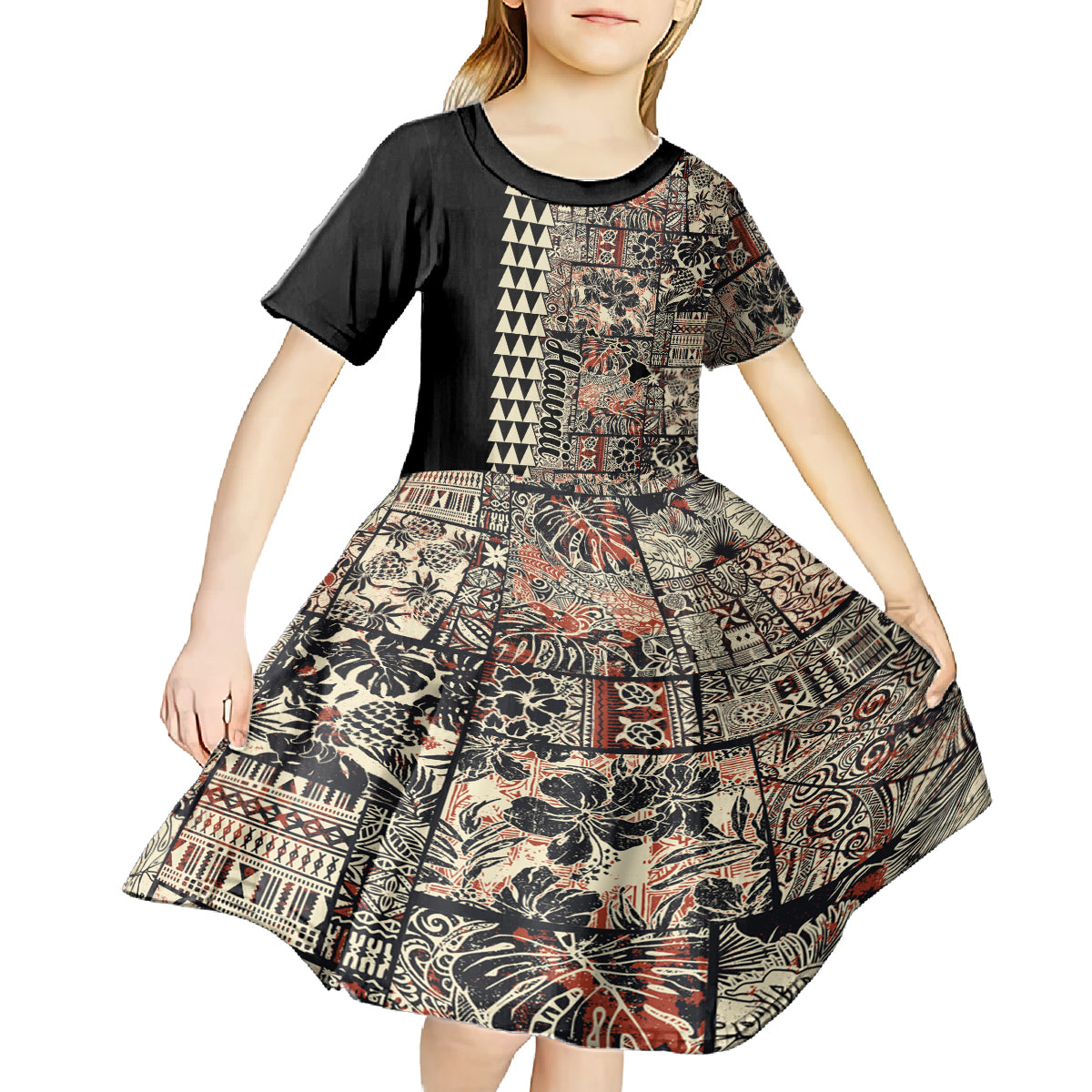 Hawaiian Quilt Kid Short Sleeve Dress Hibiscus Kakau Vintage Style LT01 - Polynesian Pride