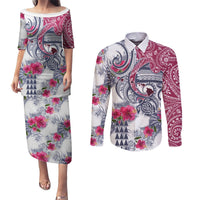 Hawaii Kakau Mix Paisley Pattern Couples Matching Puletasi Dress and Long Sleeve Button Shirt Polynesian Tropical Unique Style LT01 White - Polynesian Pride
