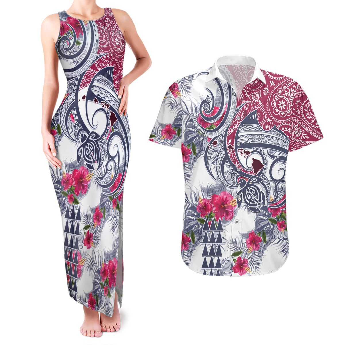 Hawaii Kakau Mix Paisley Pattern Couples Matching Tank Maxi Dress and Hawaiian Shirt Polynesian Tropical Unique Style LT01 White - Polynesian Pride