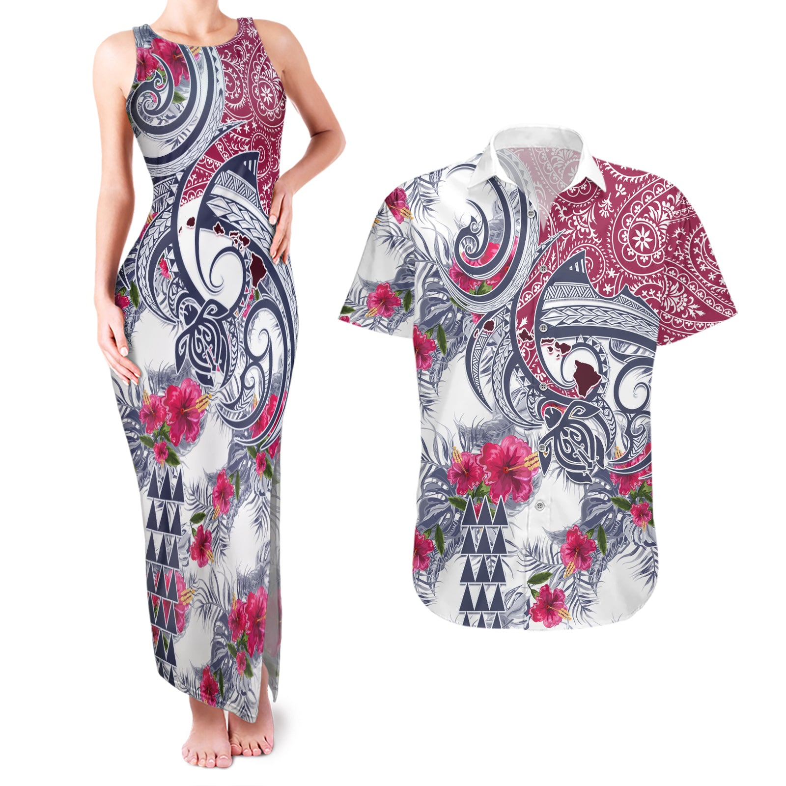Hawaii Kakau Mix Paisley Pattern Couples Matching Tank Maxi Dress and Hawaiian Shirt Polynesian Tropical Unique Style LT01 White - Polynesian Pride