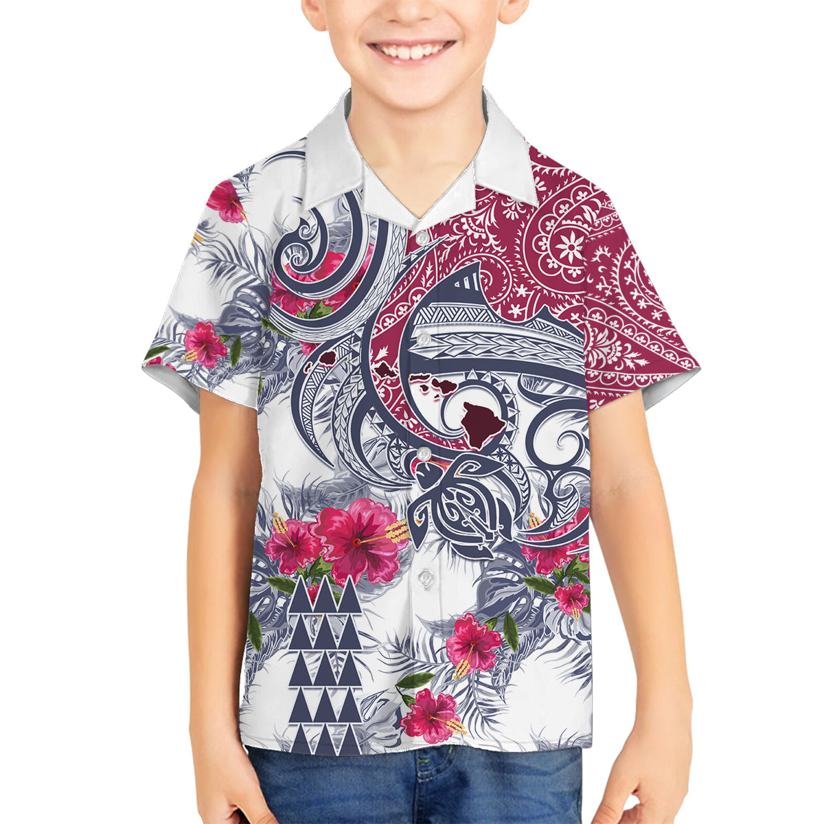 Hawaii Kakau Mix Paisley Pattern Family Matching Long Sleeve Bodycon Dress and Hawaiian Shirt Polynesian Tropical Unique Style LT01 Son's Shirt White - Polynesian Pride