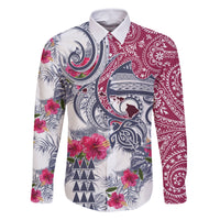 Hawaii Kakau Mix Paisley Pattern Family Matching Off Shoulder Maxi Dress and Hawaiian Shirt Polynesian Tropical Unique Style LT01 Dad's Shirt - Long Sleeve White - Polynesian Pride