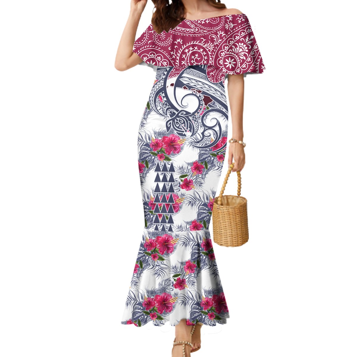 Hawaii Kakau Mix Paisley Pattern Mermaid Dress Polynesian Tropical Unique Style LT01 Women White - Polynesian Pride
