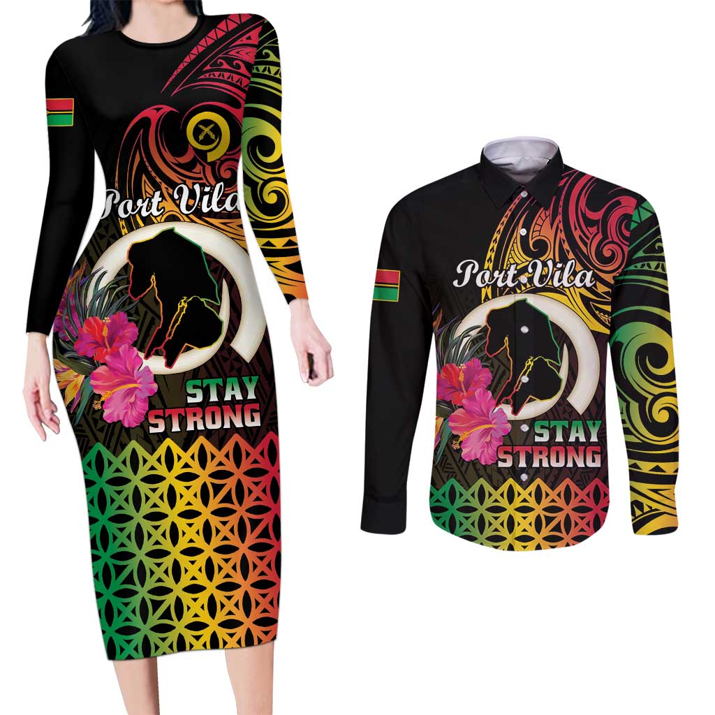 Personalised Vanuatu Port Vila Stay Strong Couples Matching Long Sleeve Bodycon Dress and Long Sleeve Button Shirt Long God Yumi Stanap LT01 Black - Polynesian Pride
