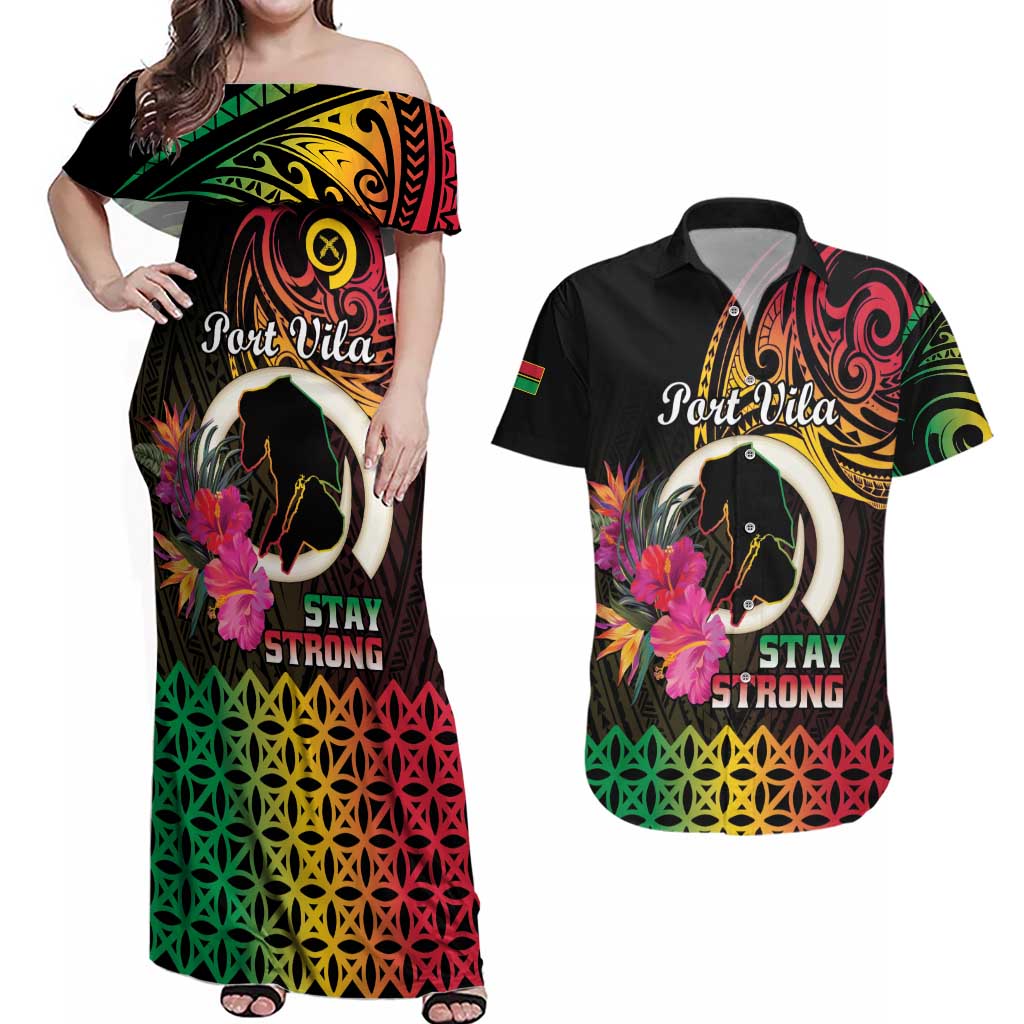 Personalised Vanuatu Port Vila Stay Strong Couples Matching Off Shoulder Maxi Dress and Hawaiian Shirt Long God Yumi Stanap LT01 Black - Polynesian Pride