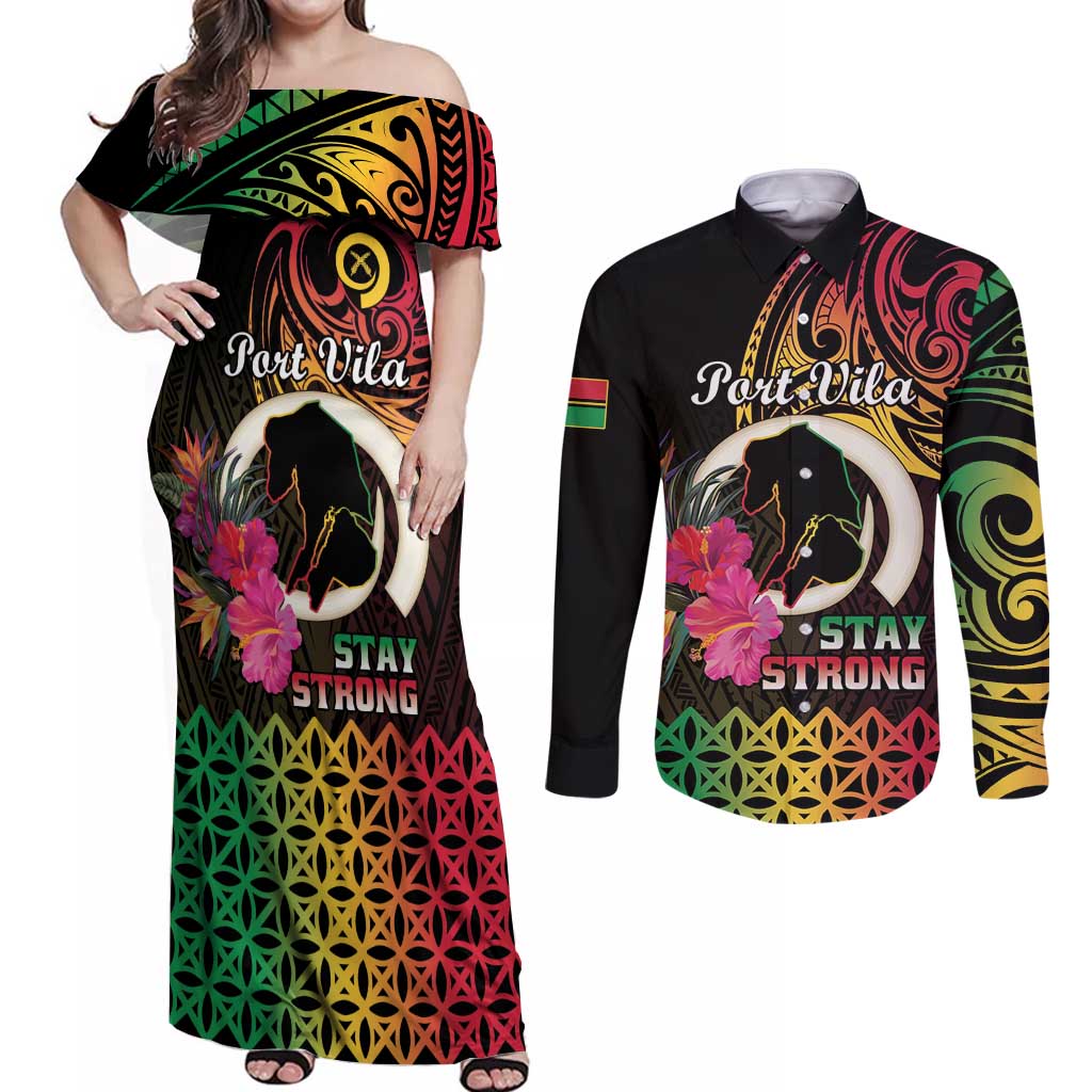 Personalised Vanuatu Port Vila Stay Strong Couples Matching Off Shoulder Maxi Dress and Long Sleeve Button Shirt Long God Yumi Stanap LT01 Black - Polynesian Pride