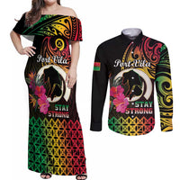 Personalised Vanuatu Port Vila Stay Strong Couples Matching Off Shoulder Maxi Dress and Long Sleeve Button Shirt Long God Yumi Stanap LT01 Black - Polynesian Pride