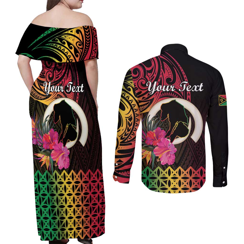 Personalised Vanuatu Port Vila Stay Strong Couples Matching Off Shoulder Maxi Dress and Long Sleeve Button Shirt Long God Yumi Stanap LT01 - Polynesian Pride