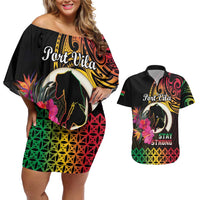 Personalised Vanuatu Port Vila Stay Strong Couples Matching Off Shoulder Short Dress and Hawaiian Shirt Long God Yumi Stanap LT01 Black - Polynesian Pride
