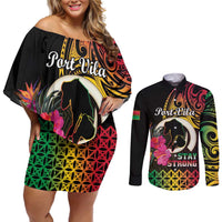 Personalised Vanuatu Port Vila Stay Strong Couples Matching Off Shoulder Short Dress and Long Sleeve Button Shirt Long God Yumi Stanap LT01 Black - Polynesian Pride