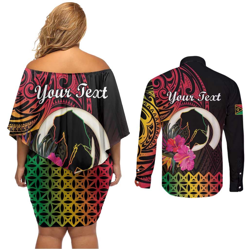 Personalised Vanuatu Port Vila Stay Strong Couples Matching Off Shoulder Short Dress and Long Sleeve Button Shirt Long God Yumi Stanap LT01 - Polynesian Pride