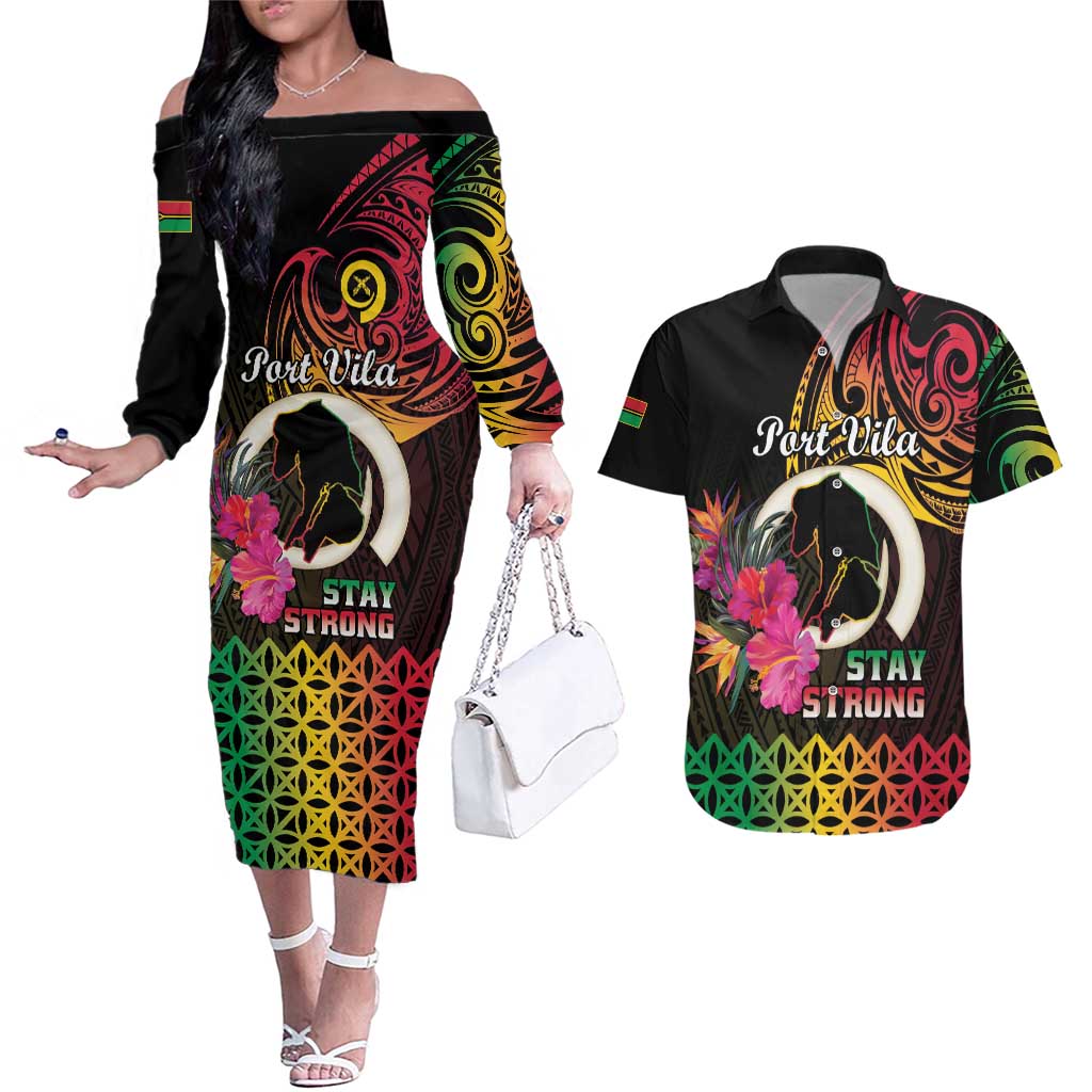 Personalised Vanuatu Port Vila Stay Strong Couples Matching Off The Shoulder Long Sleeve Dress and Hawaiian Shirt Long God Yumi Stanap LT01 Black - Polynesian Pride