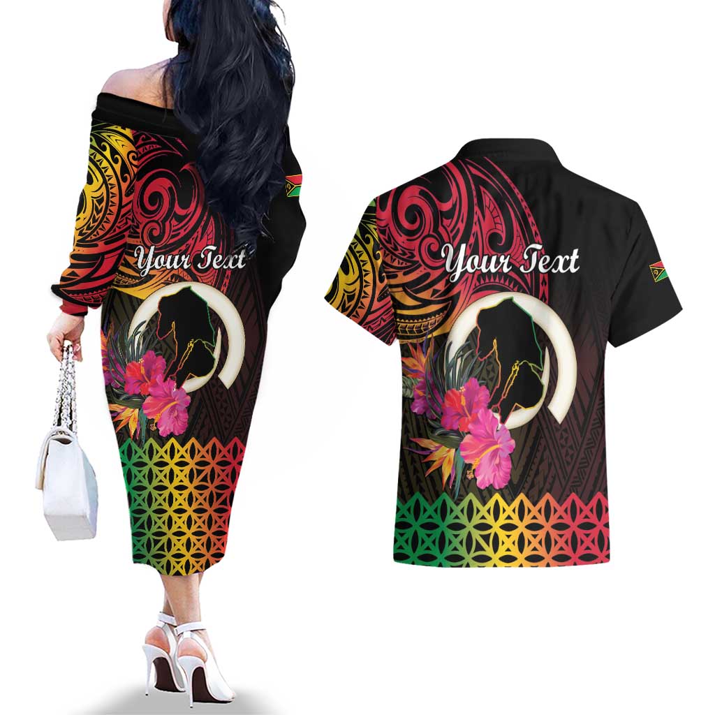 Personalised Vanuatu Port Vila Stay Strong Couples Matching Off The Shoulder Long Sleeve Dress and Hawaiian Shirt Long God Yumi Stanap LT01 - Polynesian Pride
