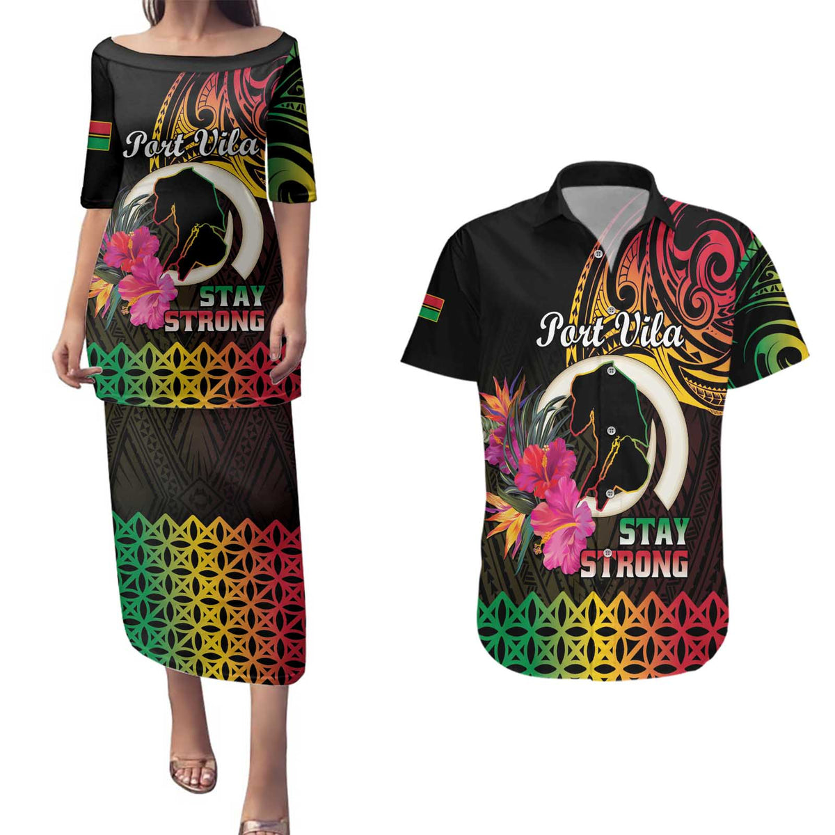 Personalised Vanuatu Port Vila Stay Strong Couples Matching Puletasi and Hawaiian Shirt Long God Yumi Stanap LT01 Black - Polynesian Pride