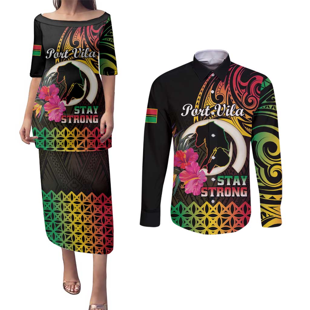 Personalised Vanuatu Port Vila Stay Strong Couples Matching Puletasi and Long Sleeve Button Shirt Long God Yumi Stanap LT01 Black - Polynesian Pride