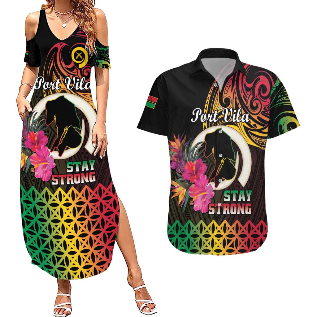Personalised Vanuatu Port Vila Stay Strong Couples Matching Summer Maxi Dress and Hawaiian Shirt Long God Yumi Stanap LT01 Black - Polynesian Pride