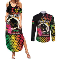 Personalised Vanuatu Port Vila Stay Strong Couples Matching Summer Maxi Dress and Long Sleeve Button Shirt Long God Yumi Stanap LT01 Black - Polynesian Pride