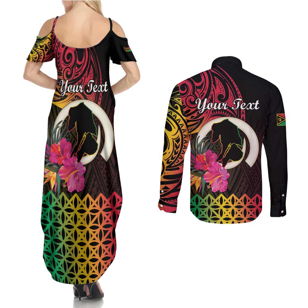 Personalised Vanuatu Port Vila Stay Strong Couples Matching Summer Maxi Dress and Long Sleeve Button Shirt Long God Yumi Stanap LT01 - Polynesian Pride