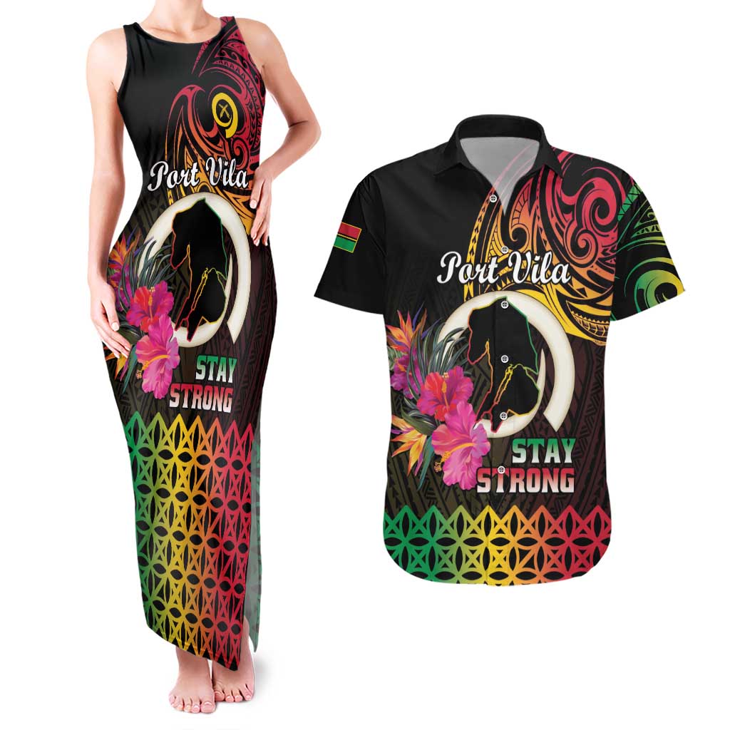 Personalised Vanuatu Port Vila Stay Strong Couples Matching Tank Maxi Dress and Hawaiian Shirt Long God Yumi Stanap LT01 Black - Polynesian Pride
