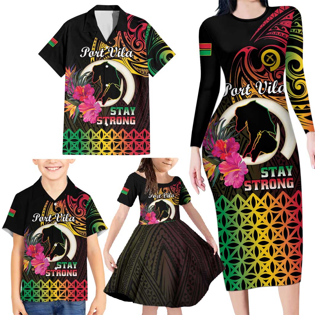 Personalised Vanuatu Port Vila Stay Strong Family Matching Long Sleeve Bodycon Dress and Hawaiian Shirt Long God Yumi Stanap LT01 - Polynesian Pride