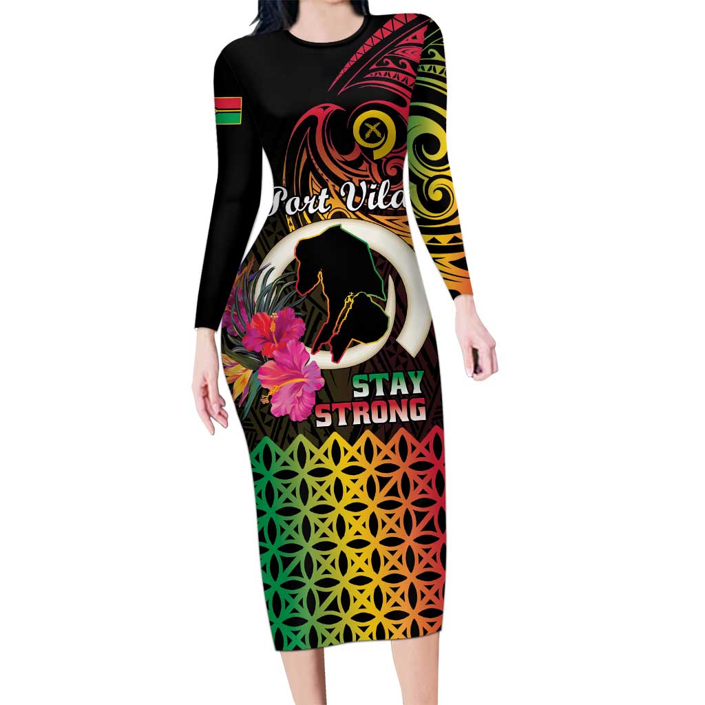 Personalised Vanuatu Port Vila Stay Strong Family Matching Long Sleeve Bodycon Dress and Hawaiian Shirt Long God Yumi Stanap LT01 Mom's Dress Black - Polynesian Pride