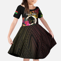 Personalised Vanuatu Port Vila Stay Strong Family Matching Off The Shoulder Long Sleeve Dress and Hawaiian Shirt Long God Yumi Stanap LT01 Daughter's Dress Black - Polynesian Pride