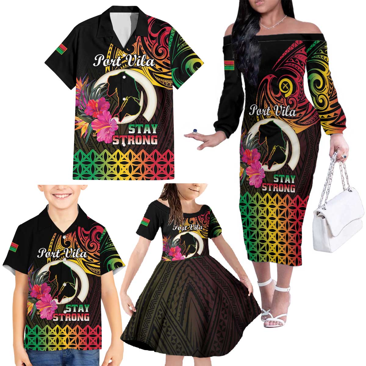 Personalised Vanuatu Port Vila Stay Strong Family Matching Off The Shoulder Long Sleeve Dress and Hawaiian Shirt Long God Yumi Stanap LT01 - Polynesian Pride