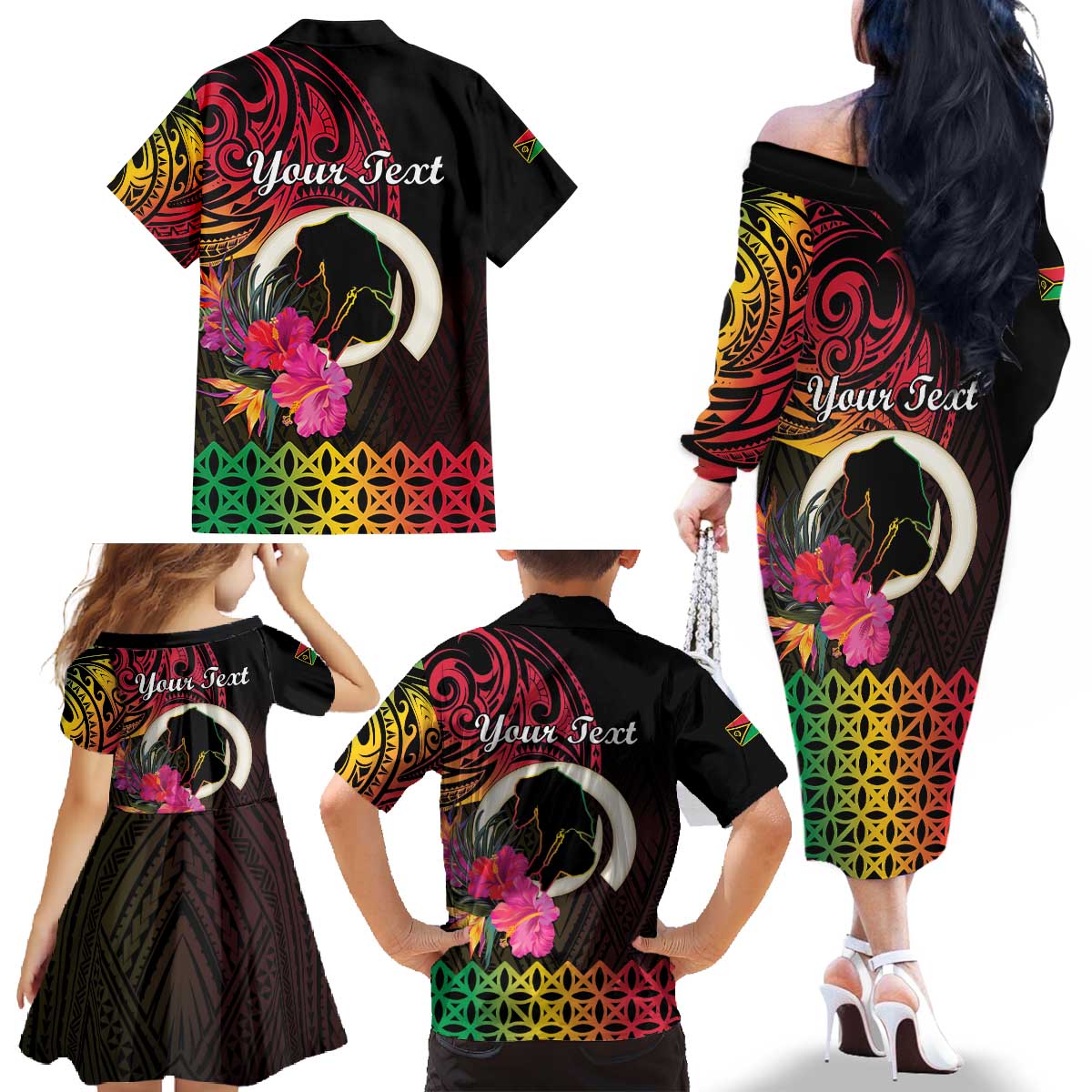 Personalised Vanuatu Port Vila Stay Strong Family Matching Off The Shoulder Long Sleeve Dress and Hawaiian Shirt Long God Yumi Stanap LT01 - Polynesian Pride