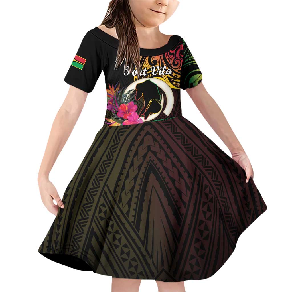 Personalised Vanuatu Port Vila Stay Strong Family Matching Off Shoulder Short Dress and Hawaiian Shirt Long God Yumi Stanap LT01 Daughter's Dress Black - Polynesian Pride