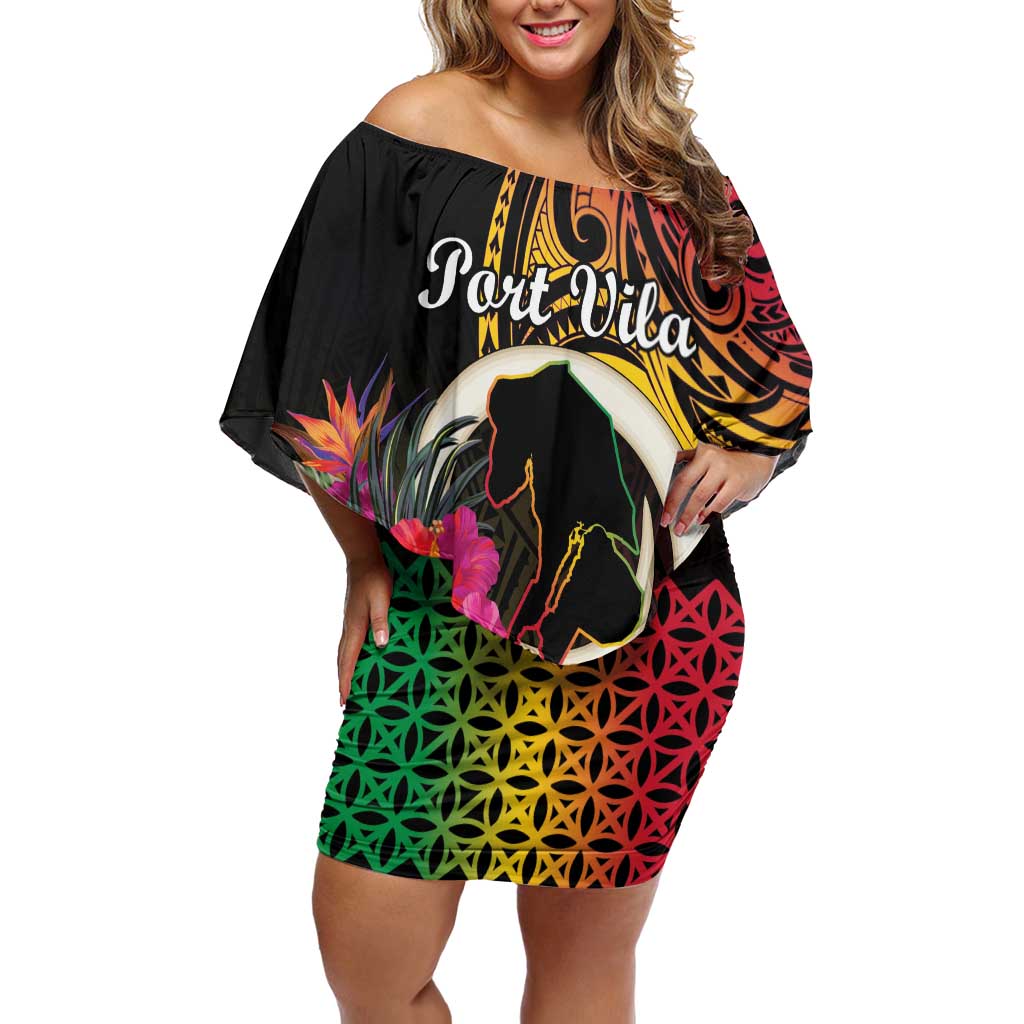 Personalised Vanuatu Port Vila Stay Strong Family Matching Off Shoulder Short Dress and Hawaiian Shirt Long God Yumi Stanap LT01 Mom's Dress Black - Polynesian Pride