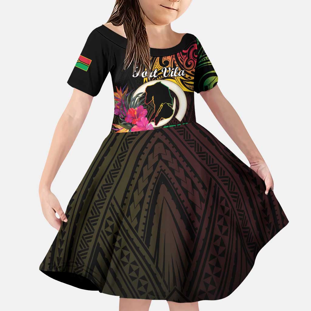 Personalised Vanuatu Port Vila Stay Strong Family Matching Puletasi and Hawaiian Shirt Long God Yumi Stanap LT01 Daughter's Dress Black - Polynesian Pride
