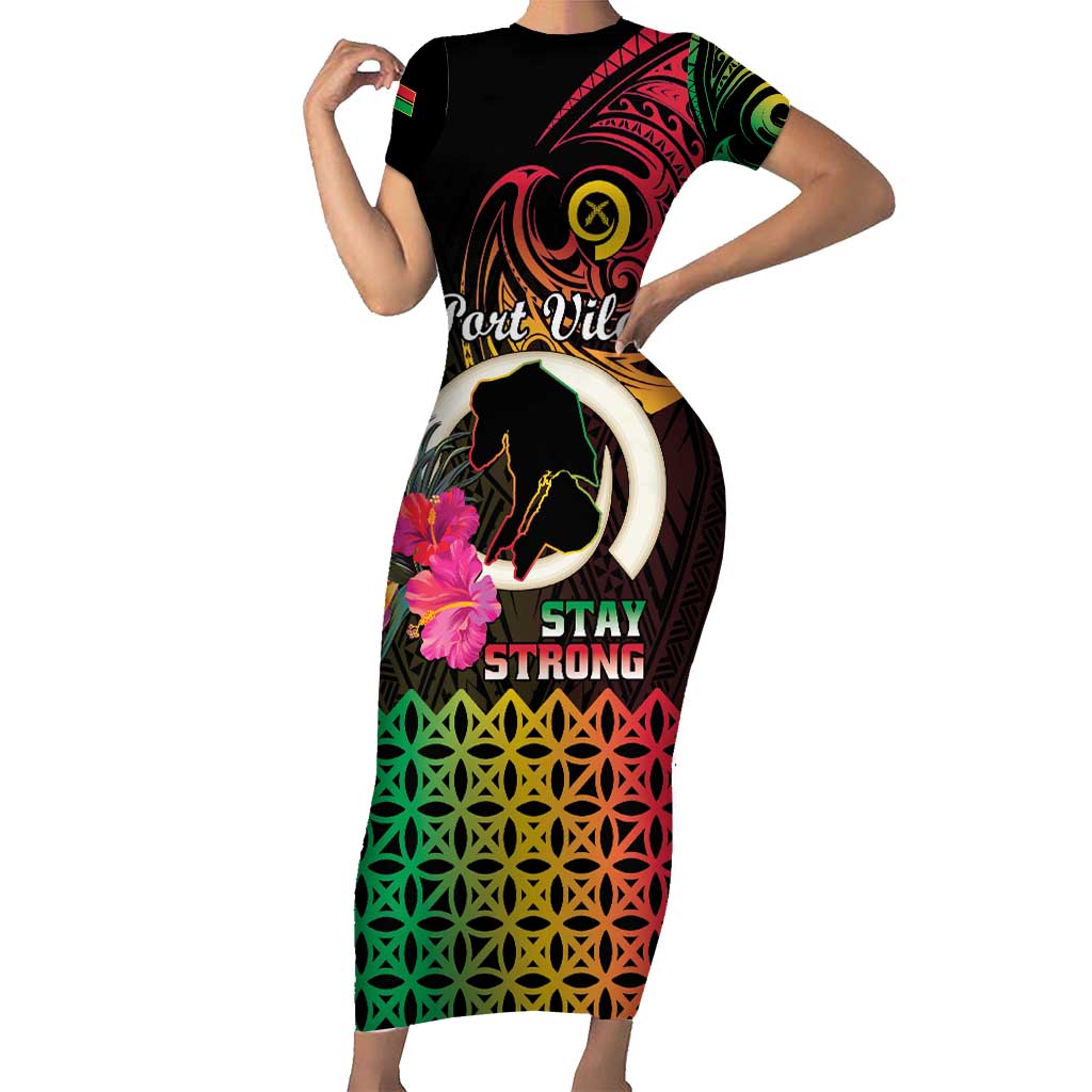 Personalised Vanuatu Port Vila Stay Strong Short Sleeve Bodycon Dress Long God Yumi Stanap LT01 Long Dress Black - Polynesian Pride