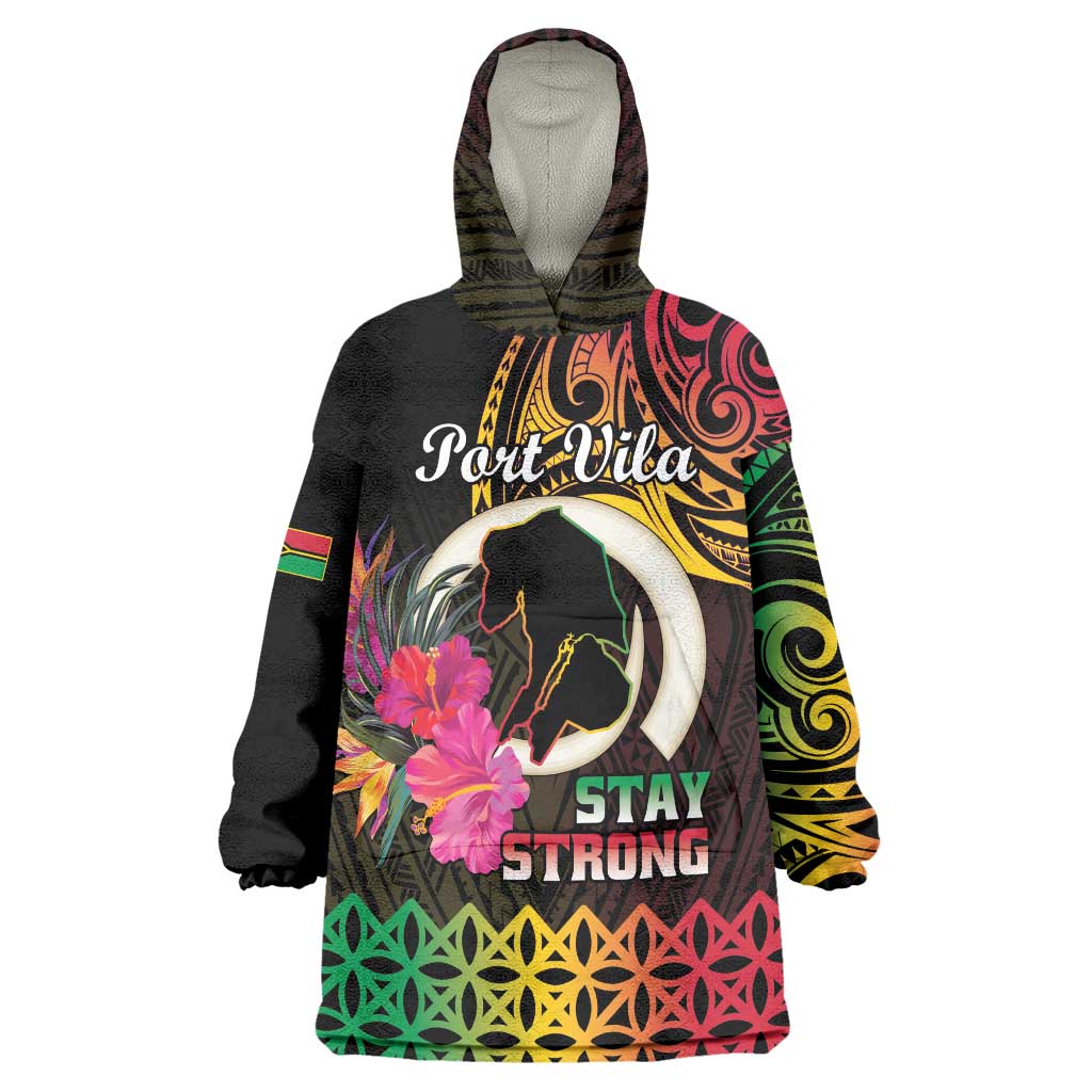 Personalised Vanuatu Port Vila Stay Strong Wearable Blanket Hoodie Long God Yumi Stanap LT01 One Size Black - Polynesian Pride