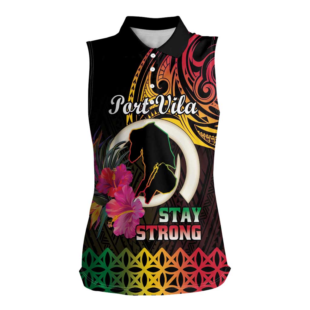 Personalised Vanuatu Port Vila Stay Strong Women Sleeveless Polo Shirt Long God Yumi Stanap LT01 Female Black - Polynesian Pride