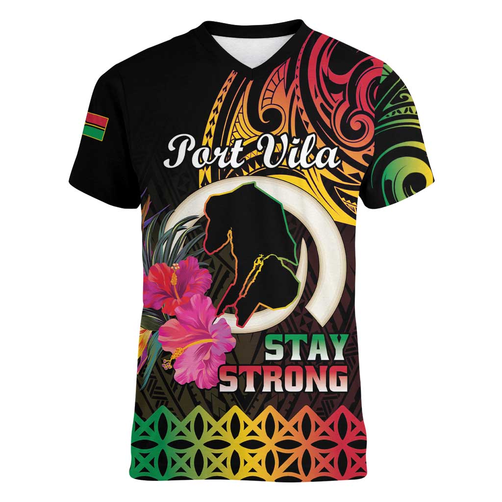 Personalised Vanuatu Port Vila Stay Strong Women V-Neck T-Shirt Long God Yumi Stanap LT01 Female Black - Polynesian Pride