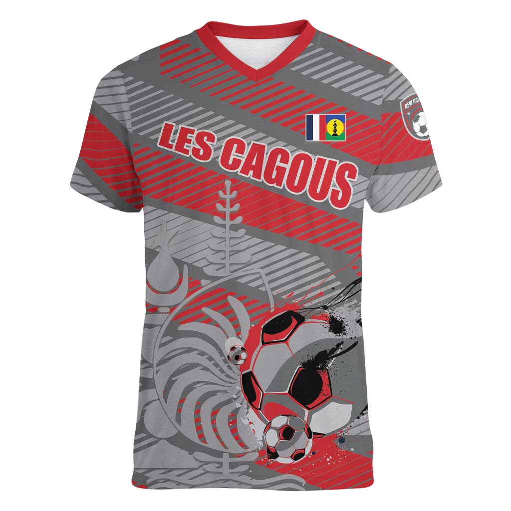 Custom Football 2026 New Caledonia Women V-Neck T-Shirt Kagus Come On LT01 Female Gray - Polynesian Pride