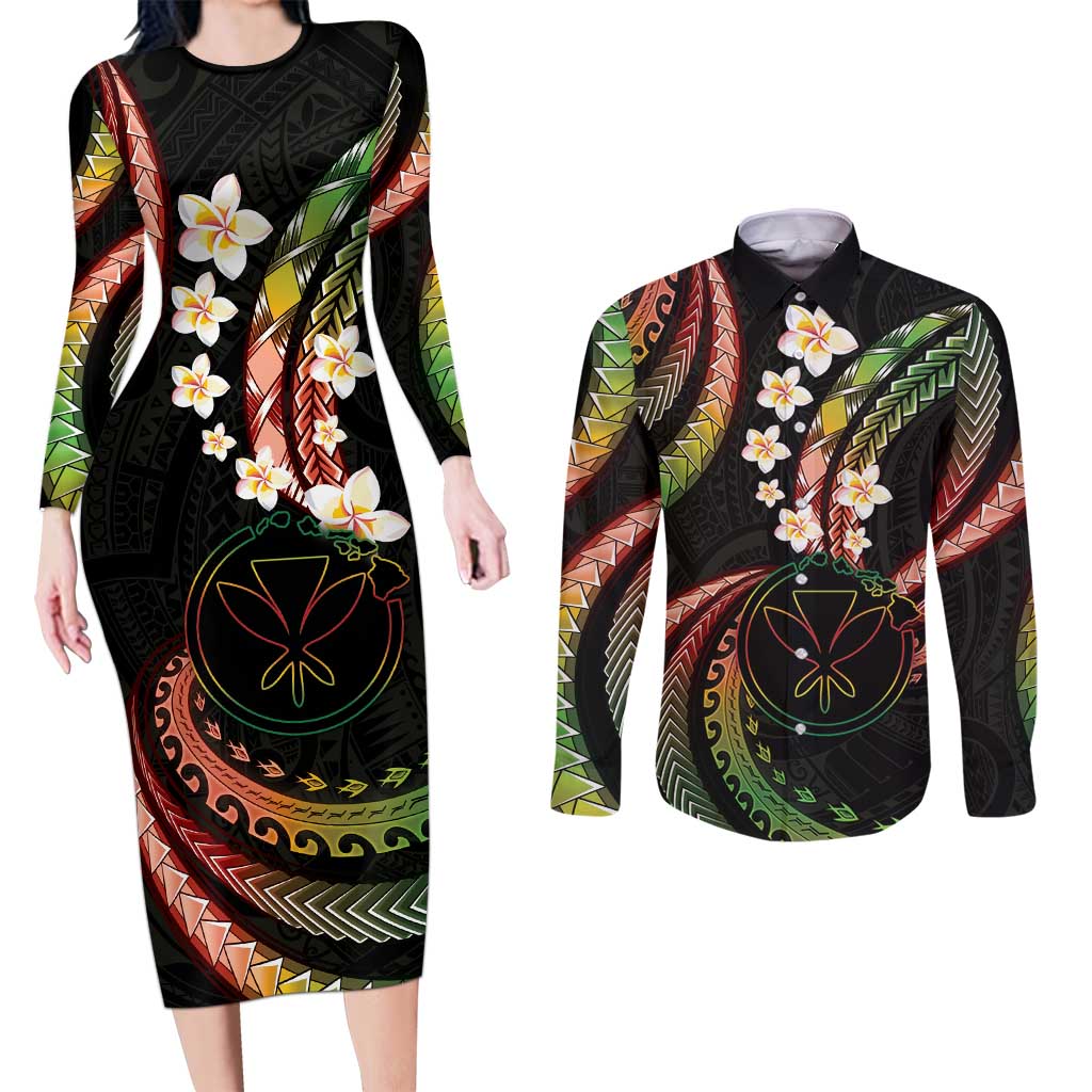 Hawaii Map Kanaka Maoli Couples Matching Long Sleeve Bodycon Dress and Long Sleeve Button Shirt Fantastic Frangipani Reggae LT01 Reggae - Polynesian Pride