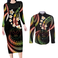 Hawaii Map Kanaka Maoli Couples Matching Long Sleeve Bodycon Dress and Long Sleeve Button Shirt Fantastic Frangipani Reggae LT01 Reggae - Polynesian Pride